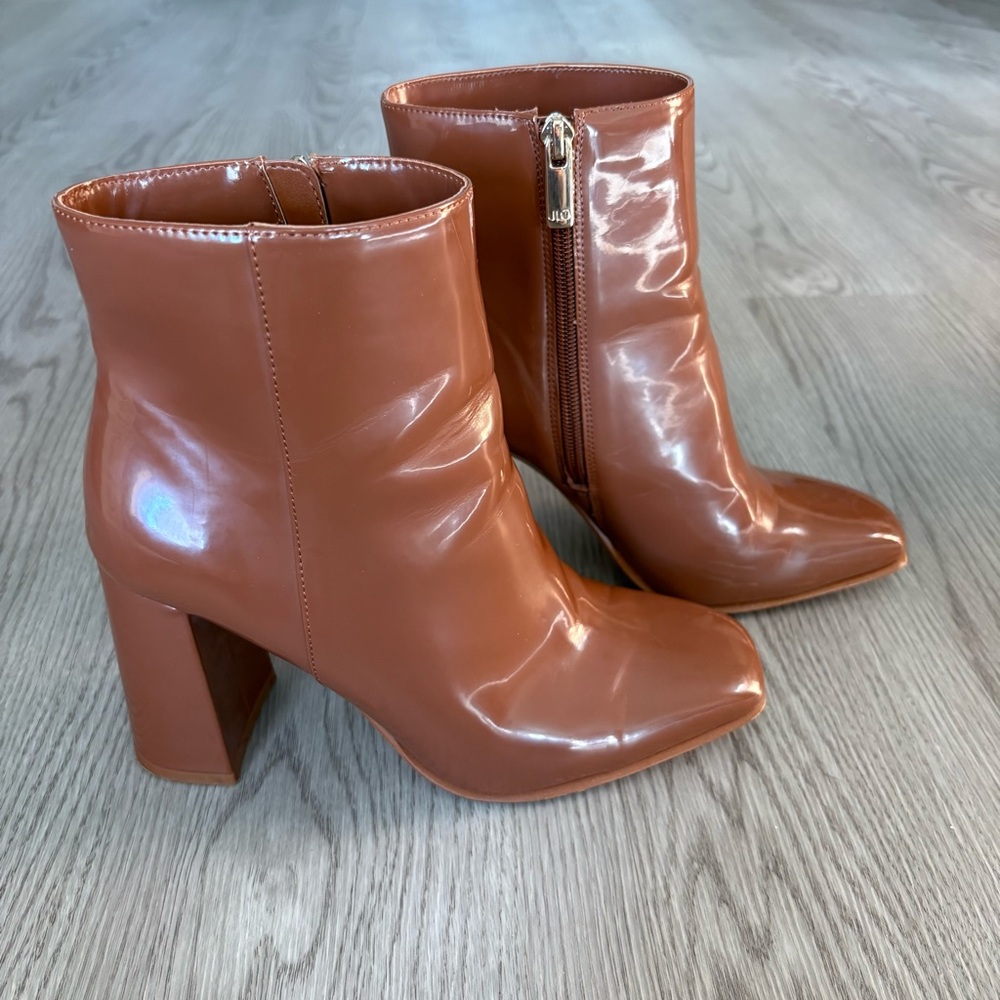 Jennifer Lopez Glossy Brown Ankle Boots
